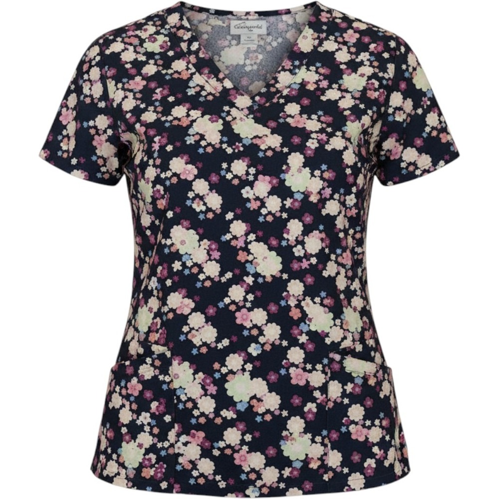 Butter-Soft Womens V-Neck Floral Scrub Top Navy Blue Pink Large TS697